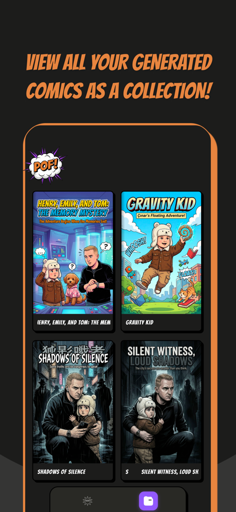 POF: Comic Maker - A digital gallery showing a collection of user created comics in different artistic styles within the POF Comic Maker app