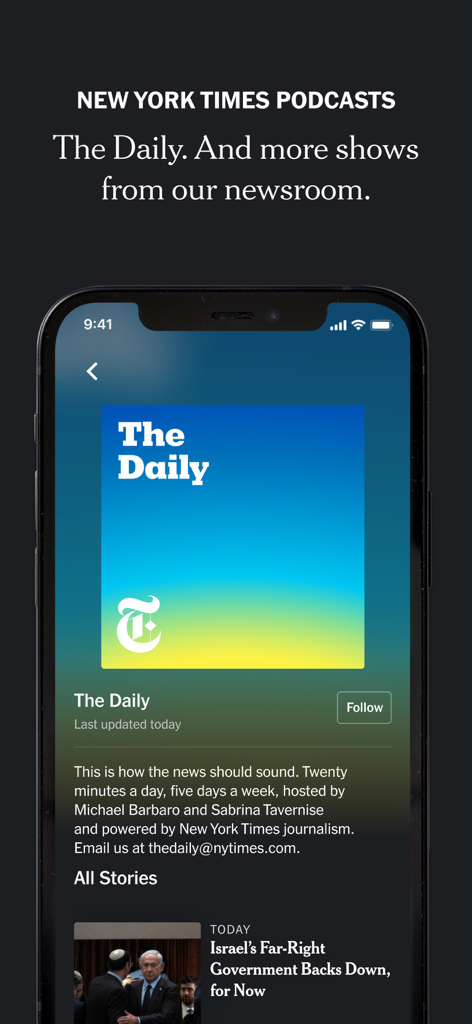Interface of the NYT Audio app displaying The Daily podcast page and news stories on an iPhone screen.