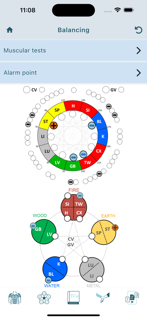 Touch For Health app balancing screen featuring meridian wheel and five elements diagrams
