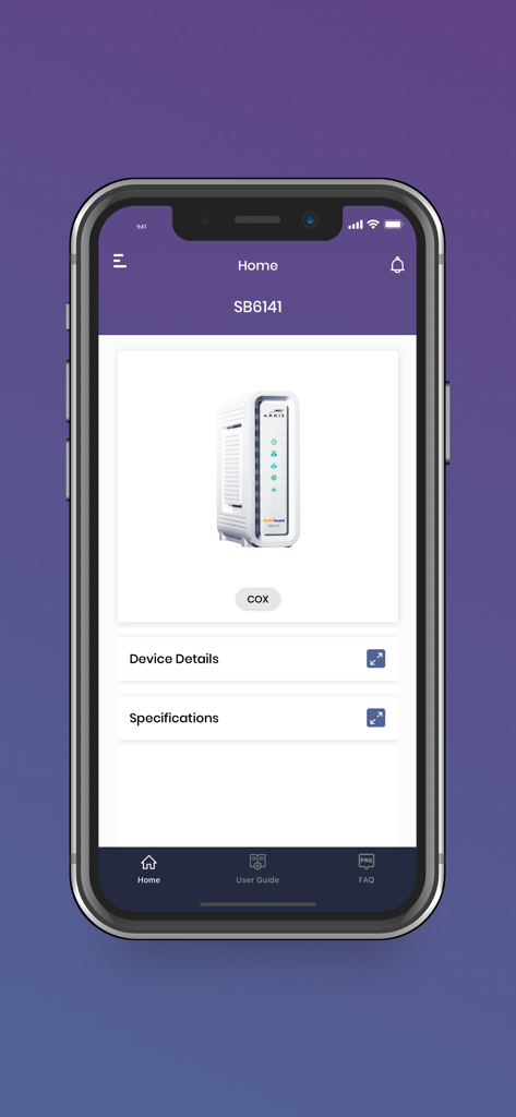 SURFboard Central - Pantalla de inicio de la aplicación móvil SURFboard Central mostrando detalles del módem ARRIS SB6141.