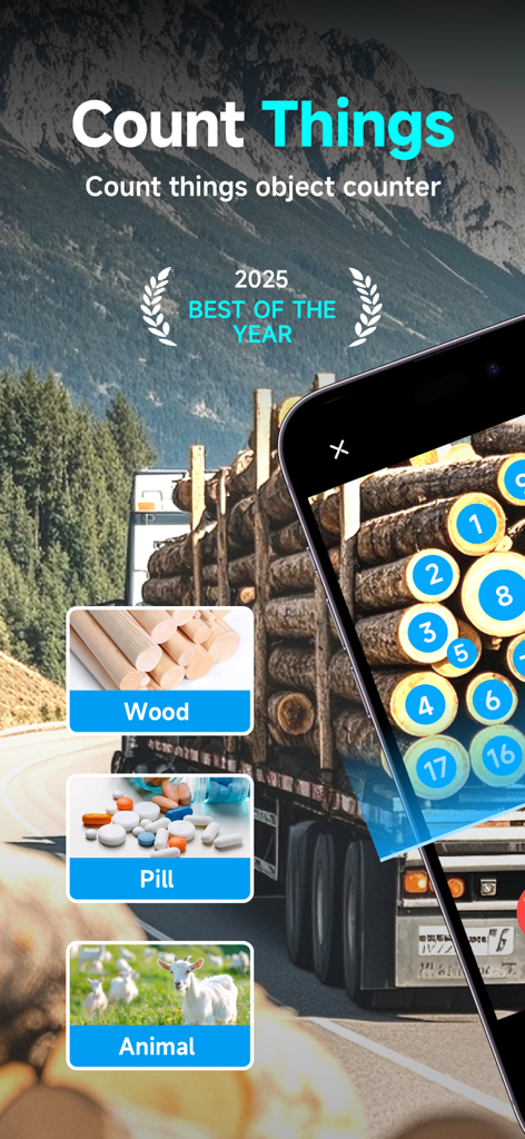 GO Count Object app showing automatic counting of logs on a truck with categories for wood pills and animals