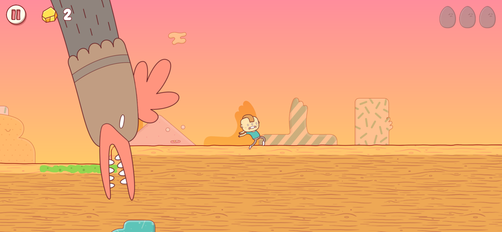 Gilbert running away from a giant cyborg chicken in the game Eggggg.