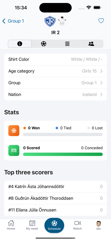 Partille Cup - Interface of the Partille Cup app displaying team details performance stats and top scorers for a youth soccer team