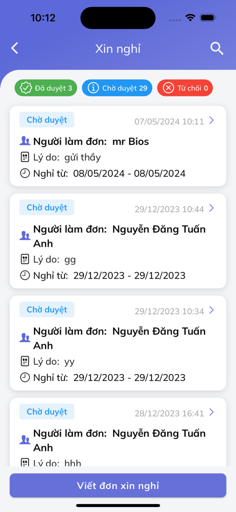 Edu.One mobile app interface showing school leave of absence requests and status tracking