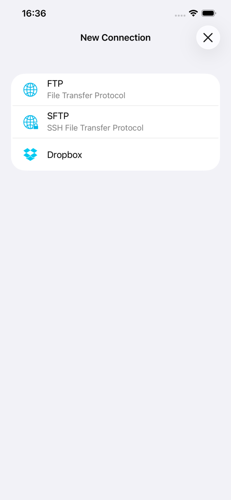 Bildschirm mit Optionen zur Einrichtung einer neuen Verbindung für FTP, SFTP oder Dropbox in FTPManager.