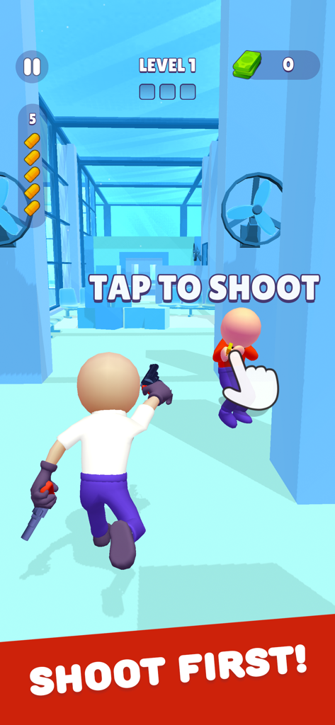Run n Gun - AIM Shooting - Run n Gun mobile game screenshot showing character aiming a pistol with tap to shoot instruction