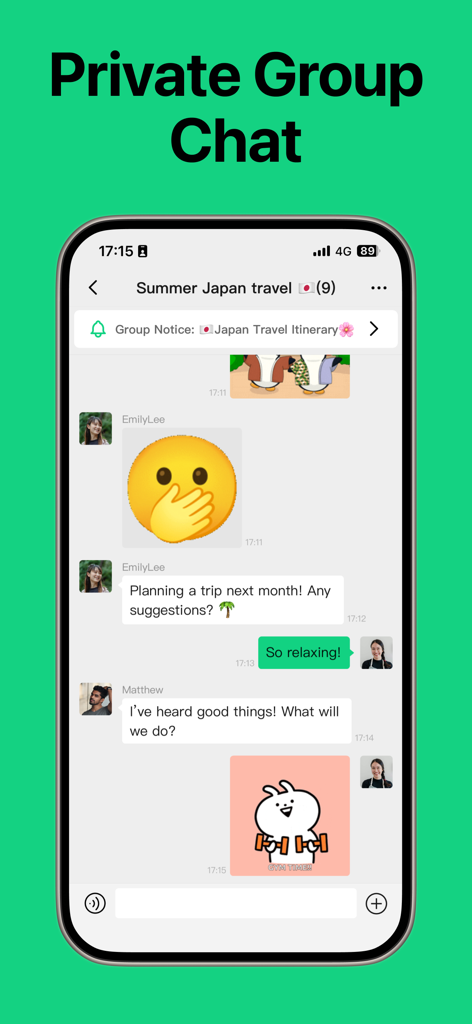 Mosavi app interface displaying an encrypted private group chat for travel planning