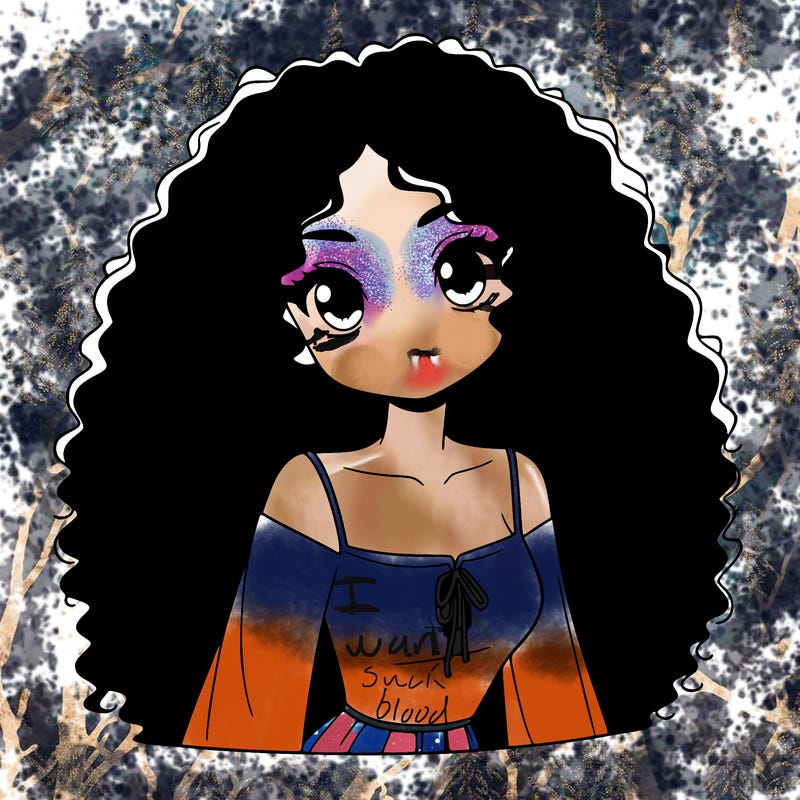 a black anime girl with long afro hair