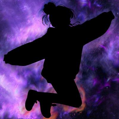 realistic girl jumping with a bun and oversized sweatshirt
