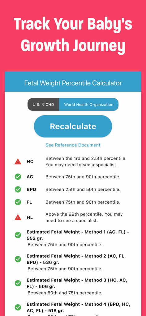Ein Screenshot der Fötalgewicht-Rechner-App, der das geschätzte fötale Gewicht und die Wachstumperzentile für verschiedene Ultraschallmessungen zeigt.