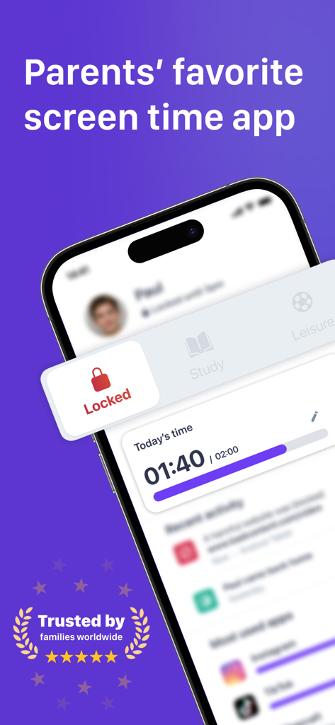 Parental Controls by Ohana app interface showing screen time limits and device locking modes