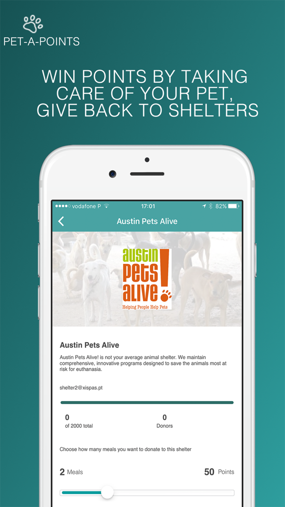 Petable - Petable app screen showing how users can win points by caring for their pets and donate them as meals to animal shelters like Austin Pets Alive
