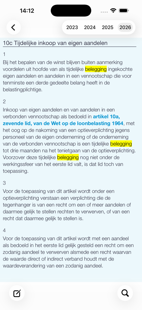 Wetten - Interfaccia dell'app Wetten che visualizza un articolo di legge fiscale olandese con parole chiave evidenziate e opzioni di selezione dell'anno.