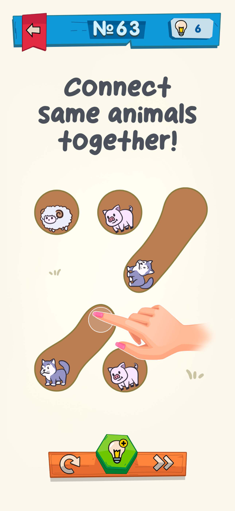 IQ Boost: Training Brain Games - Uma tela de jogo do IQ Boost mostrando um quebra-cabeça onde o usuário deve conectar ícones de animais idênticos.