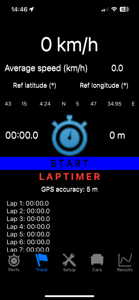 PerfectPower app lap timer screen for automotive performance tracking