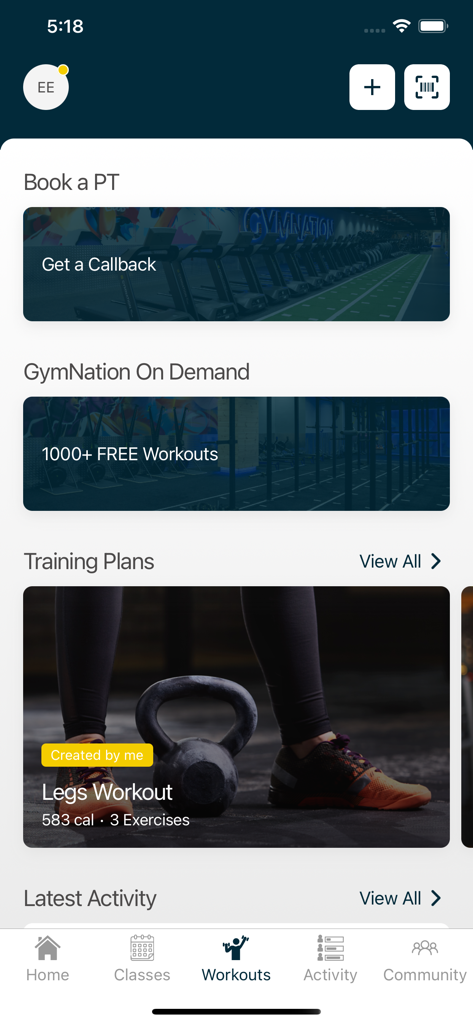 GymNation app Workouts tab showing training plans on-demand classes and personal trainer booking options