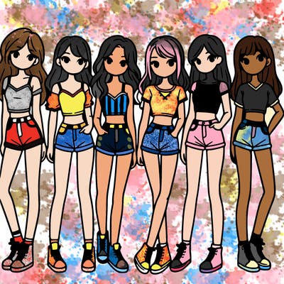 a group of girls wearing crop tops and shorts