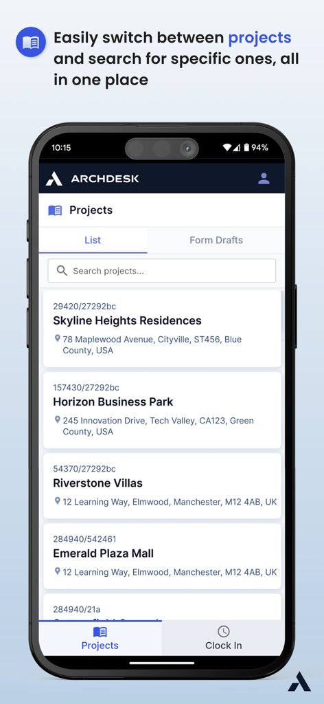 Archdesk Lite mobile app project list screen displaying construction project names and addresses