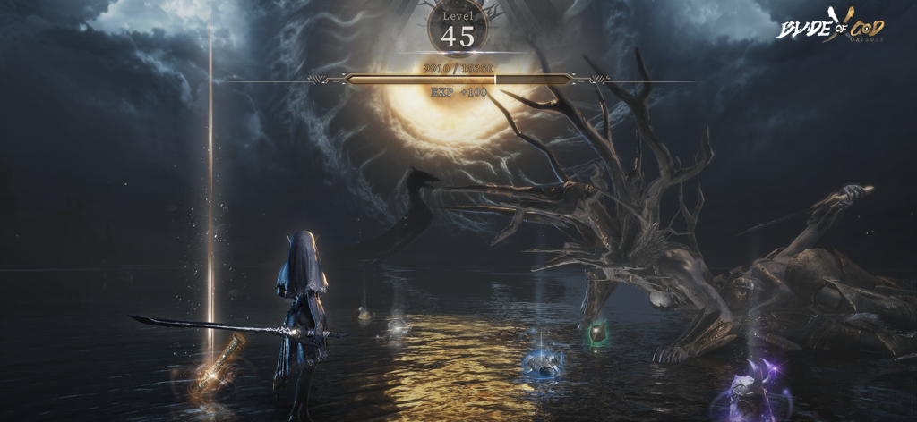 Blade of God X: Orisols - A character stands over a defeated giant boss with glowing loot in a dark fantasy setting