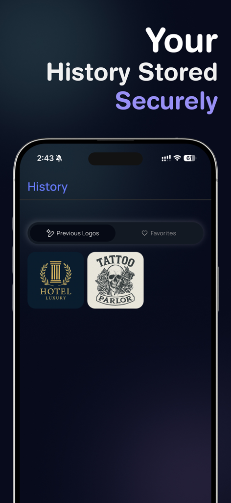 AI Logo Maker App - LookAI - History screen of the LookAI app showing saved custom logo designs for a hotel and a tattoo parlor.