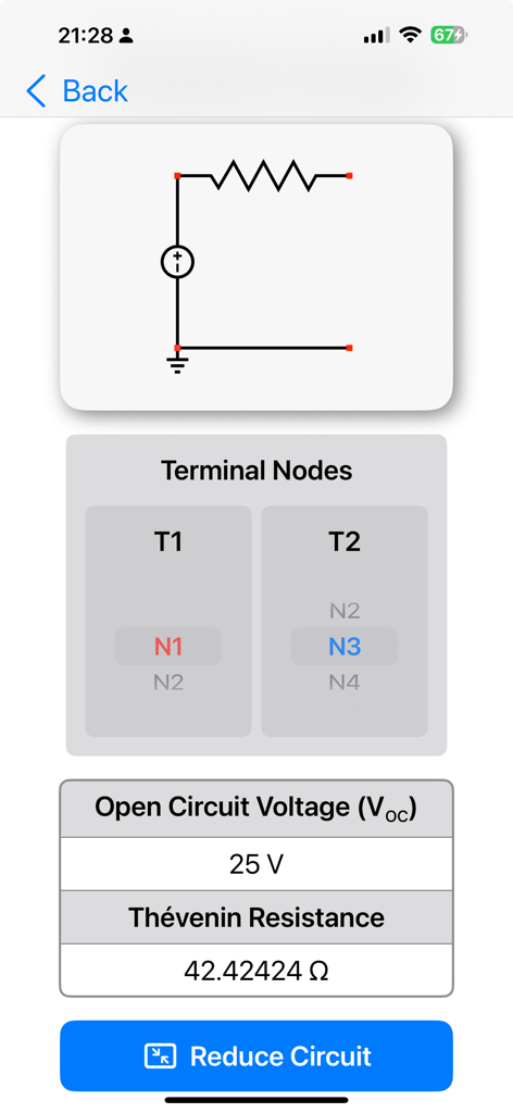 Bildschirm der Circuit Calculator App, der die Ergebnisse der Thévenin-Äquivalentwiderstands- und Leerlaufspannungsberechnung anzeigt