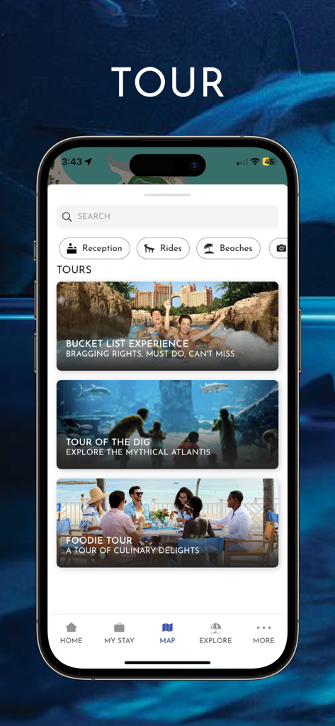 Atlantis Bahamas - アトランティス・バハマのモバイルアプリ。バケットリスト体験や水族館ツアーを含むリゾートツアーが表示されています。