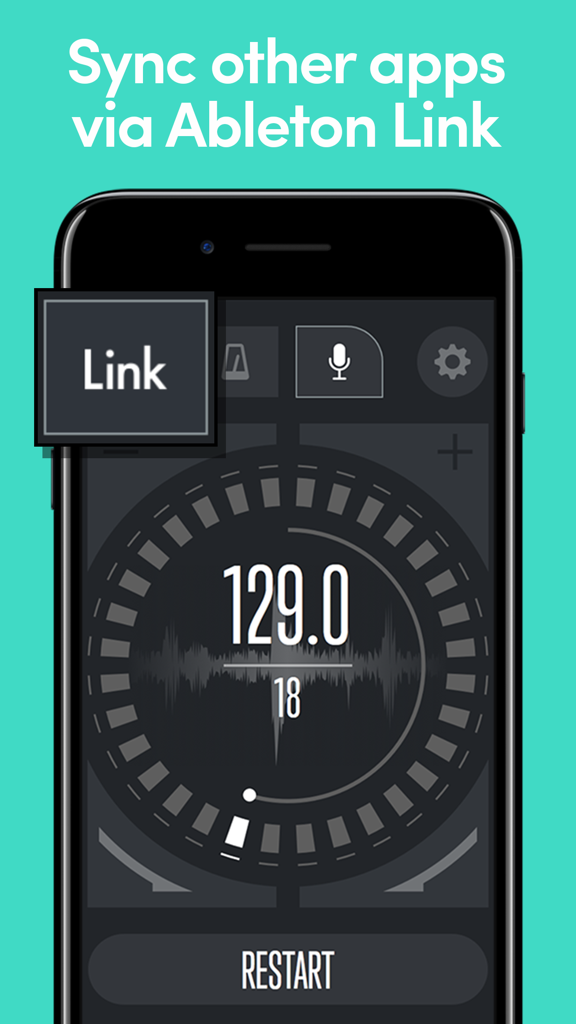 Beat Detect App-Oberfläche auf dem iPhone zeigt Ableton Link-Synchronisation und BPM-Erkennung an.