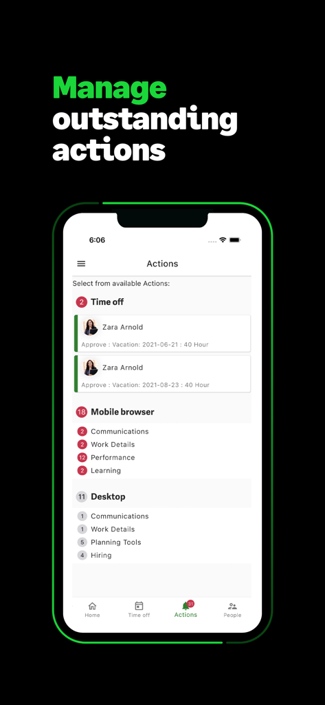 Sage People App Aktionen-Bildschirm mit anstehenden HR-Aufgaben und Urlaubsantragsgenehmigungen
