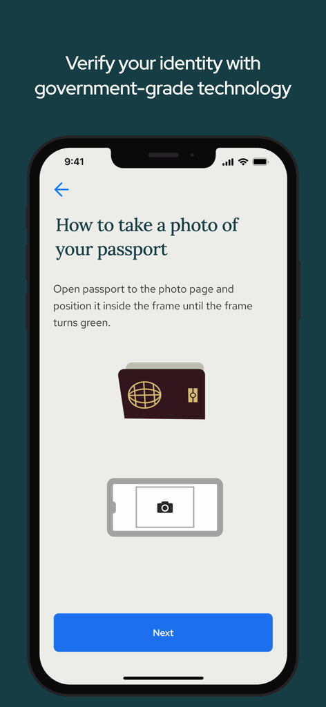 Bildschirm der Thirdfort-Mobil-App mit Anweisungen, wie ein Reisepass für die Identitätsprüfung fotografiert wird