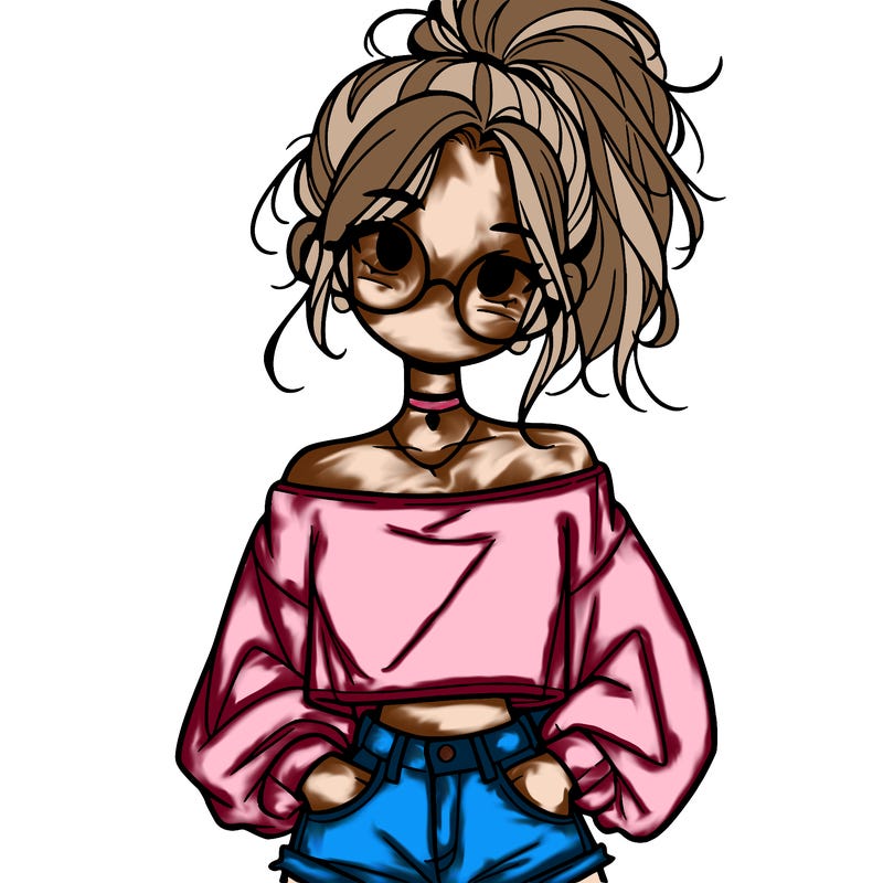 girl with a messy ponytail glasses a baggy crop top and jean shorts