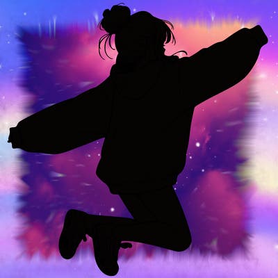 realistic girl jumping with a bun and oversized sweatshirt