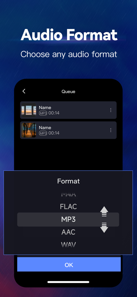 MP3 Converter - Audio Trimmer - Interfaz mostrando la rueda de selección de formato de audio con opciones como MP3, FLAC y WAV