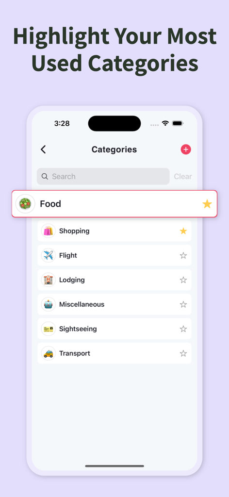 Interface of TripWise app showing customizable travel expense categories
