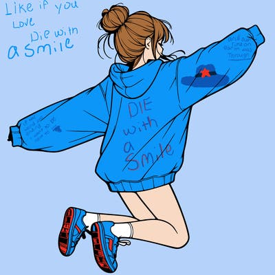 realistic girl jumping with a bun and oversized sweatshirt