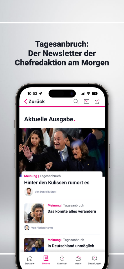 t-online Nachrichten - Écran de smartphone affichant l'application t-online Nachrichten avec la newsletter matinale Tagesanbruch et des articles d'actualité politique.