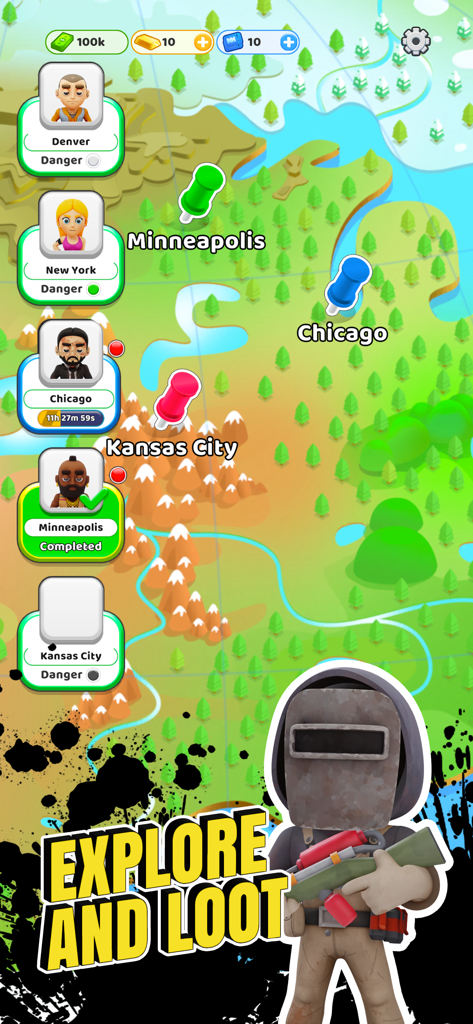 Survivor Idle Run: Z-RPG Game - Mapa del juego que muestra expediciones de supervivientes a través de varias ciudades de EE. UU. con texto de explorar y saquear