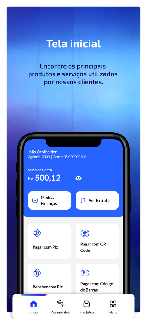 Schermata home dell'app mobile Banrisul che mostra il saldo del conto e i servizi bancari come Pix ed estratti conto