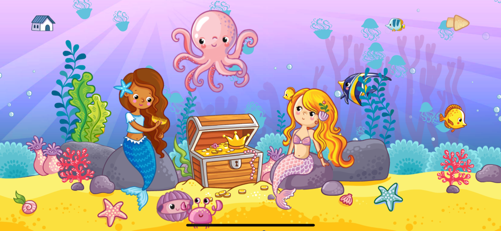 FISH sea animal puzzle games - Two mermaids and a pink octopus around a treasure chest in a colorful underwater scene.
