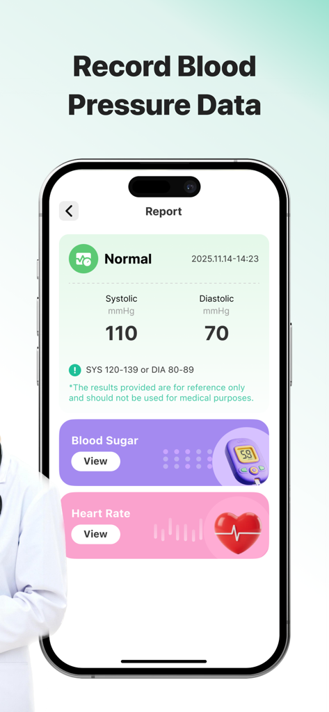 VitalLog Tracker - VitalLog Tracker app report screen showing normal blood pressure readings with a large font and simple layout.