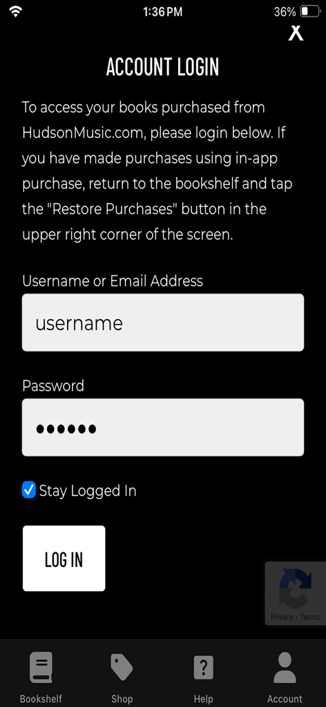 Account login interface for the Hudson Music Digital Bookstore app