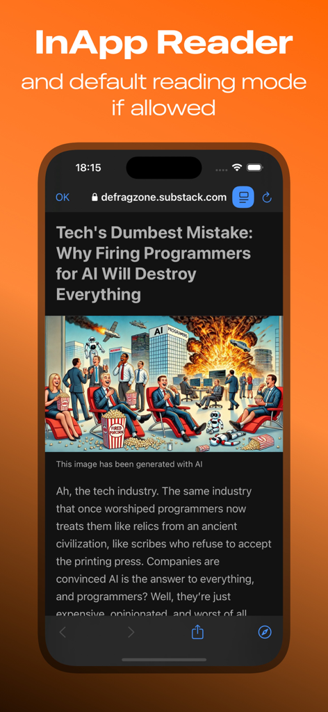 Hacker News Reader App - Smartphone screen showing the Hacker News Reader app displaying a tech article in a clean reader mode with dark theme