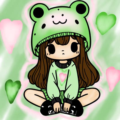 a girl wearing a frog hat and some frog socks