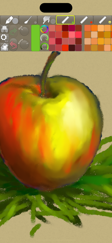 iPastels - Un dipinto digitale a pastello di una mela con la barra degli strumenti dell'app iPastels che mostra vari strumenti di disegno e tavolozze di colori.