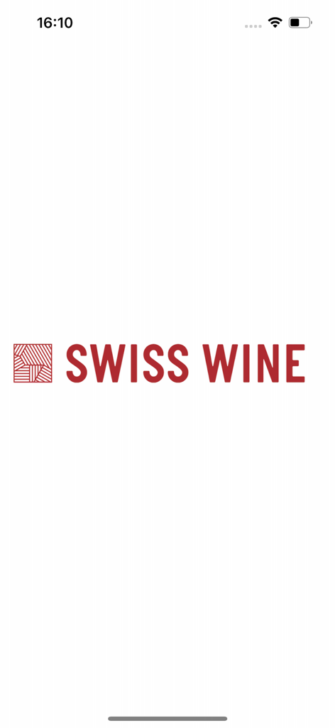 Schermata di avvio dell'app Swiss Wine con un logo geometrico rosso e testo del titolo su sfondo bianco