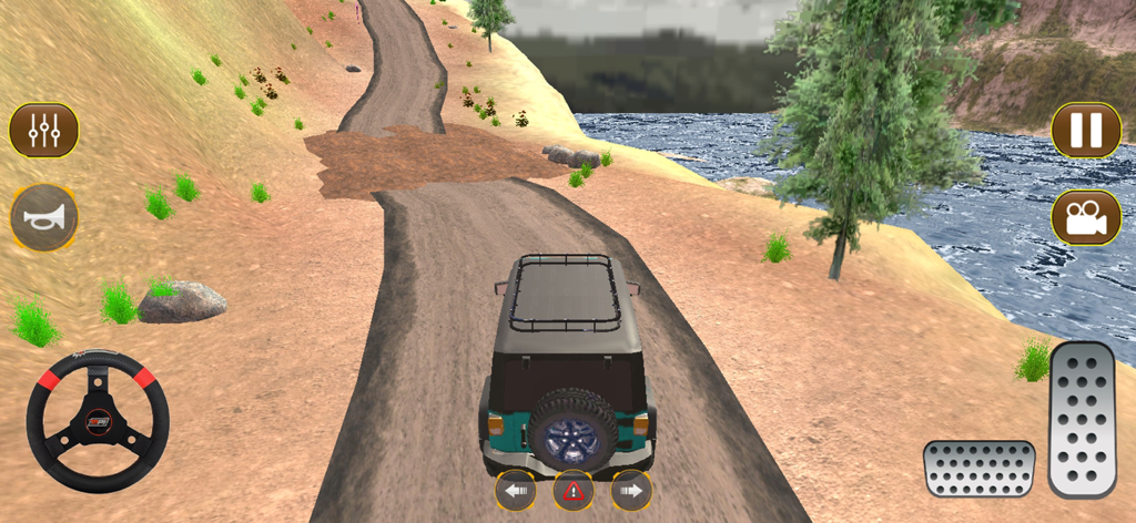 Mud Truck Driving Game Offroad - A teal 4x4 vehicle driving on a dirt trail beside a river with mobile game controls displayed