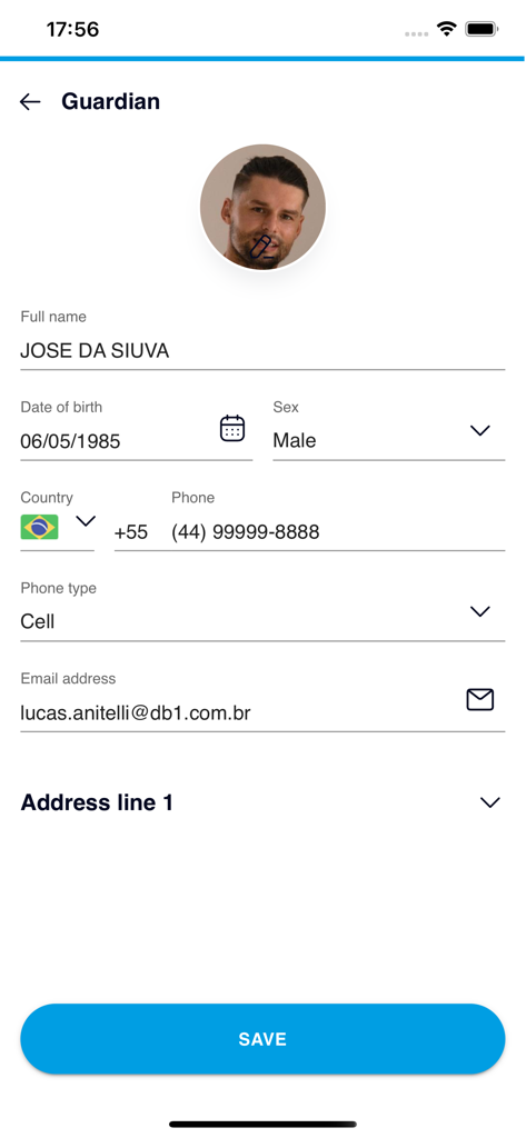 Guardian profile registration screen showing personal and contact information fields