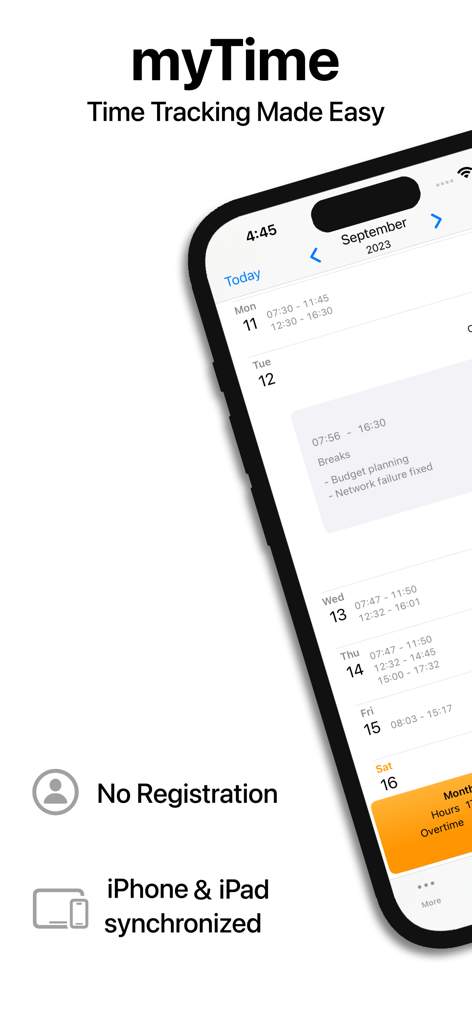 Hours Tracker - myTime - App myTime che mostra la vista calendario delle ore di lavoro e la sincronizzazione iCloud