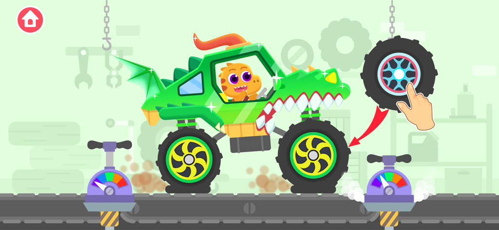 Car Wash Car Games for kids - Um caminhão monstro dragão verde dirigido por um dinossauro em uma garagem