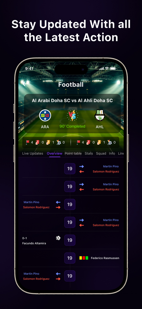 Live Football TV - Live Match - Écran de smartphone montrant un aperçu de match de football en direct avec les scores et les substitutions dans l'application FootMantra