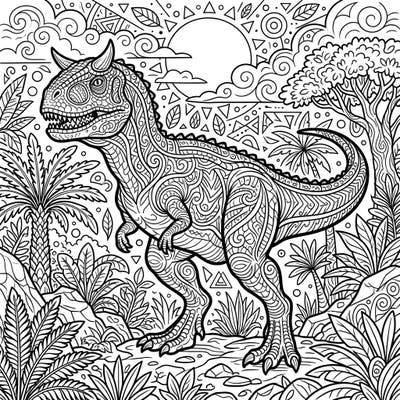 Dive into the prehistoric world with this stunning Carnotaurus coloring page, featuring the fierce horned dinosaur amidst lush jungle foliage. Its detailed patterns offer a rewarding challenge for colorists of all ages.